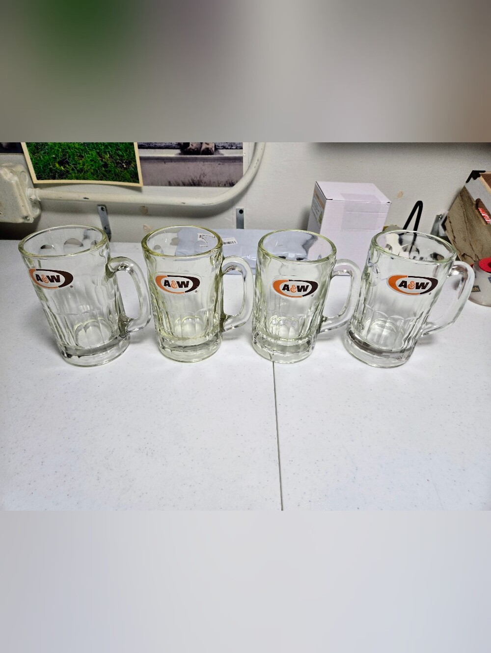 Four Vintage A&W Root beer 6 Inch Tall Thick Glass Mugs Good Condition .
